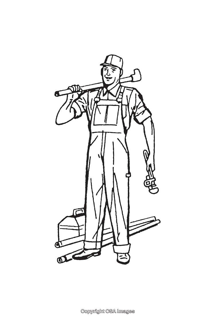 Black And White Illustration of a Tradesman Holding Tools and Equipment