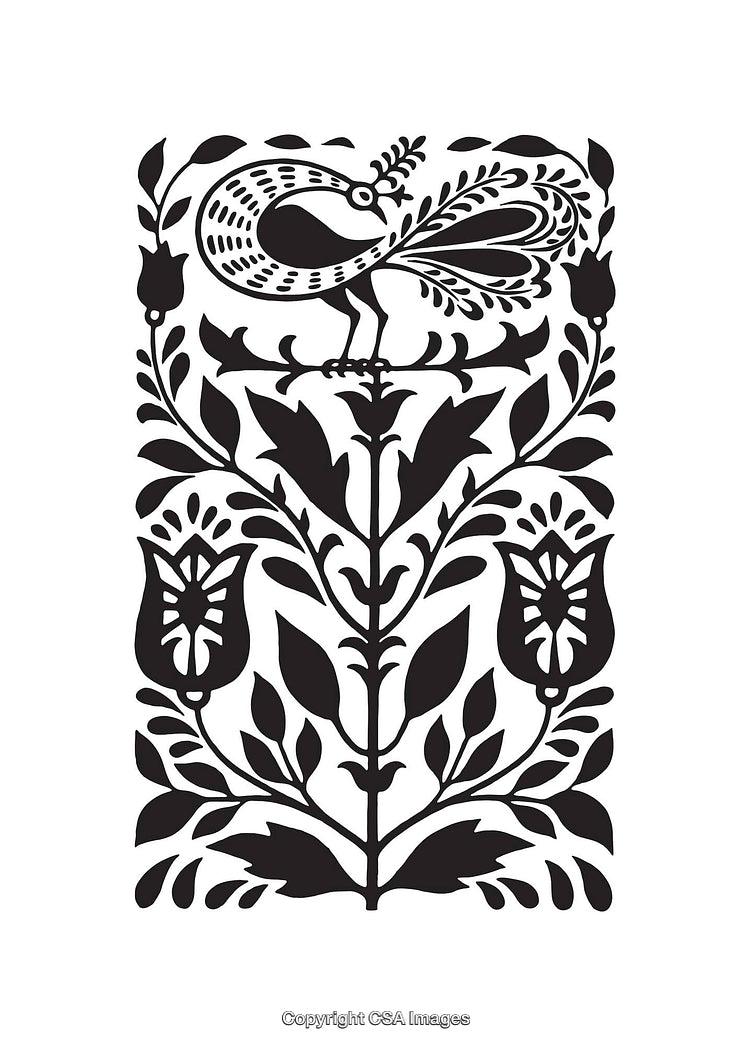 Black and White Folk Art Style Floral Design with Abstract Bird