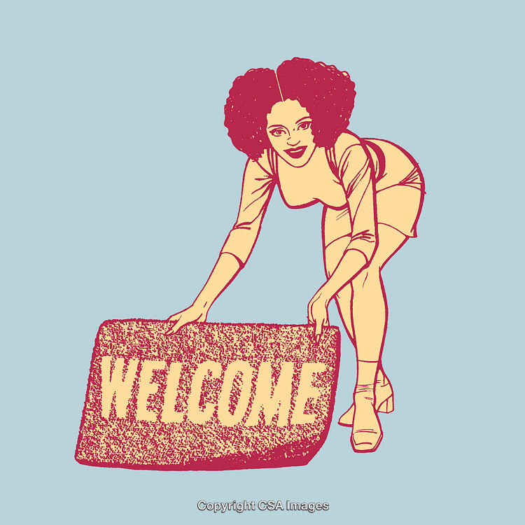 Colorful Line Art Illustration of a Woman Displaying a Welcome Mat