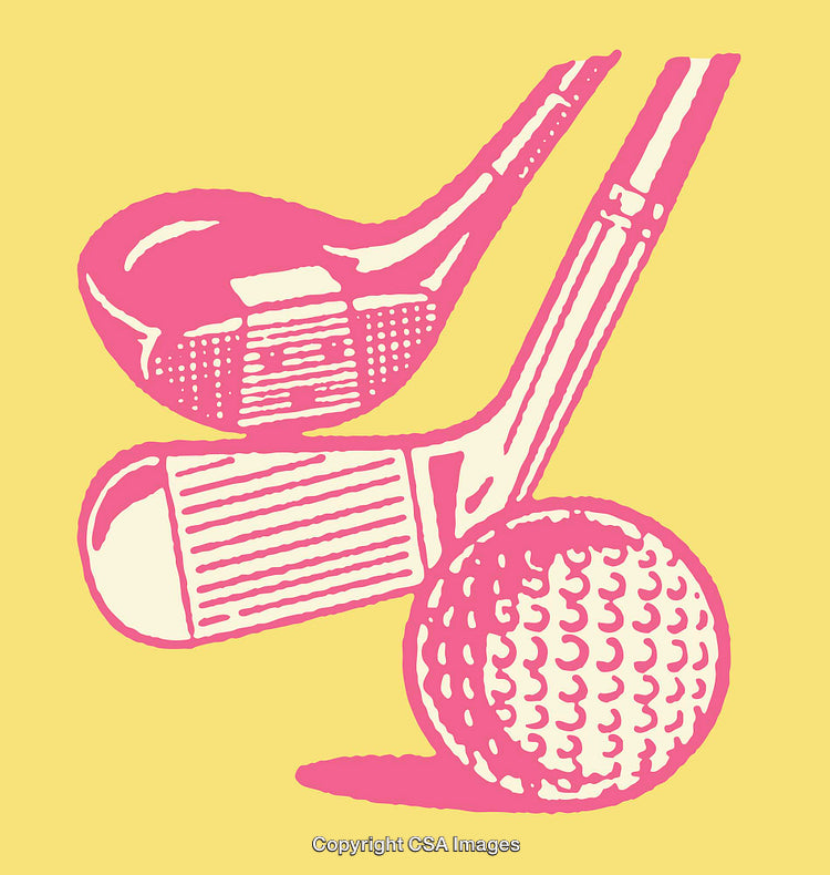 Stylized Pink Golf Clubs and Ball on Vibrant Yellow Background