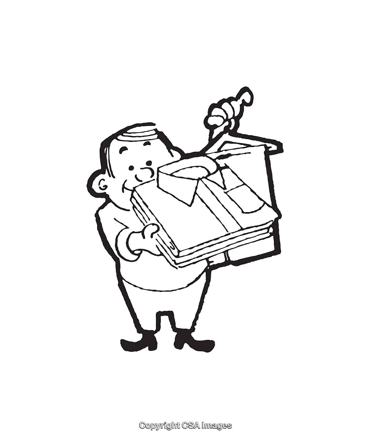 Black and White Illustration of a Person Holding Folded Clothes in a Box