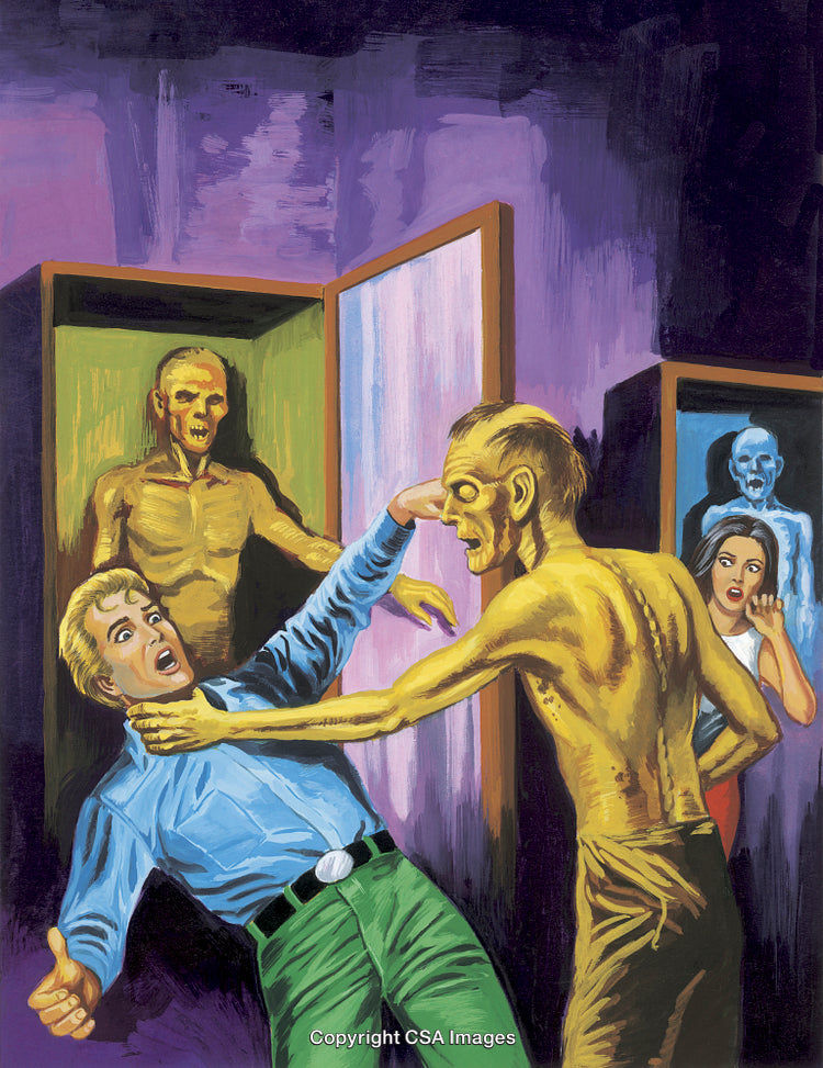 Man Confronted by Zombie-Like Figures in a Vibrant Dramatic Setting