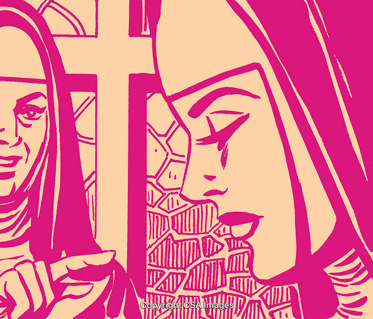 Artistic Portrait of Nuns in Pink Color with Religious Symbolism