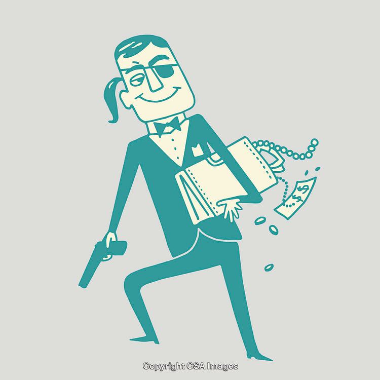 Humorous Spy Cartoon With Briefcase and Gun in Minimal Line Art Style