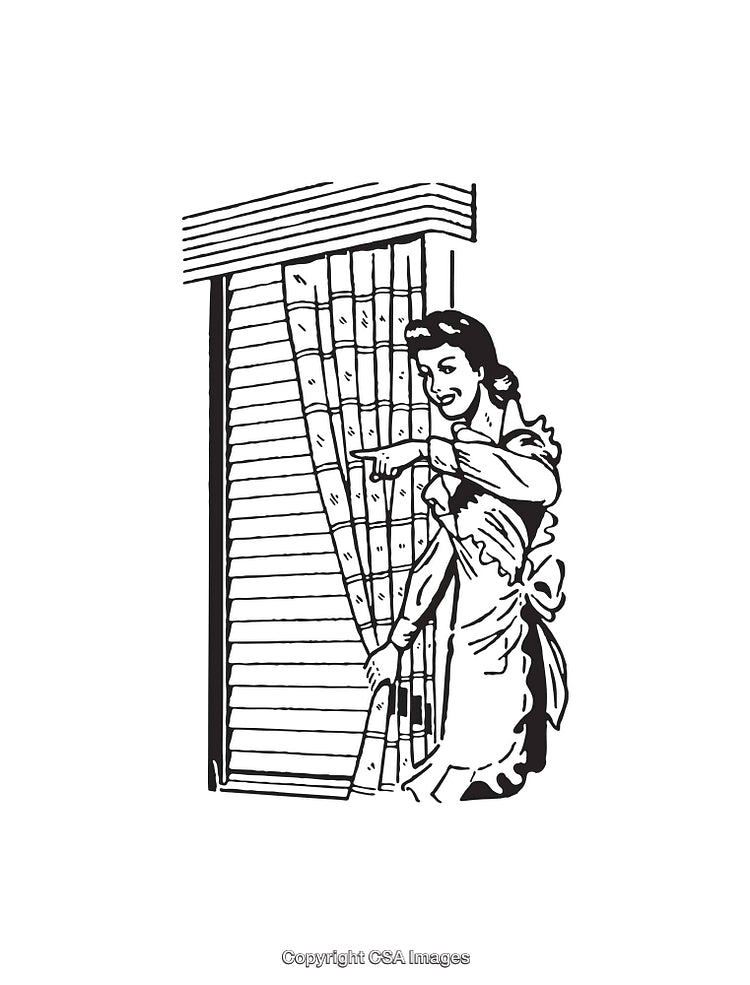 Retro Black And White Drawing of a Woman Gesturing by a Window