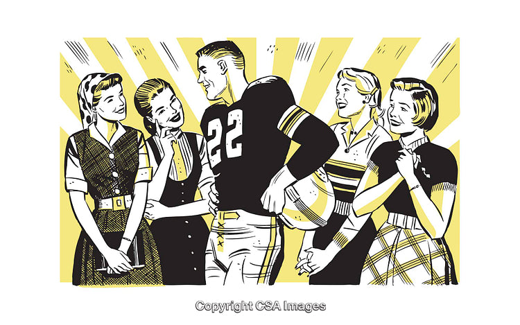 Retro-Style Illustration Depicting Cheerful Friends and a Football Player