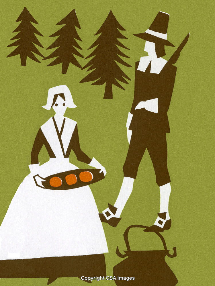 Illustration of Pilgrims with Food Set in a Forest Scene