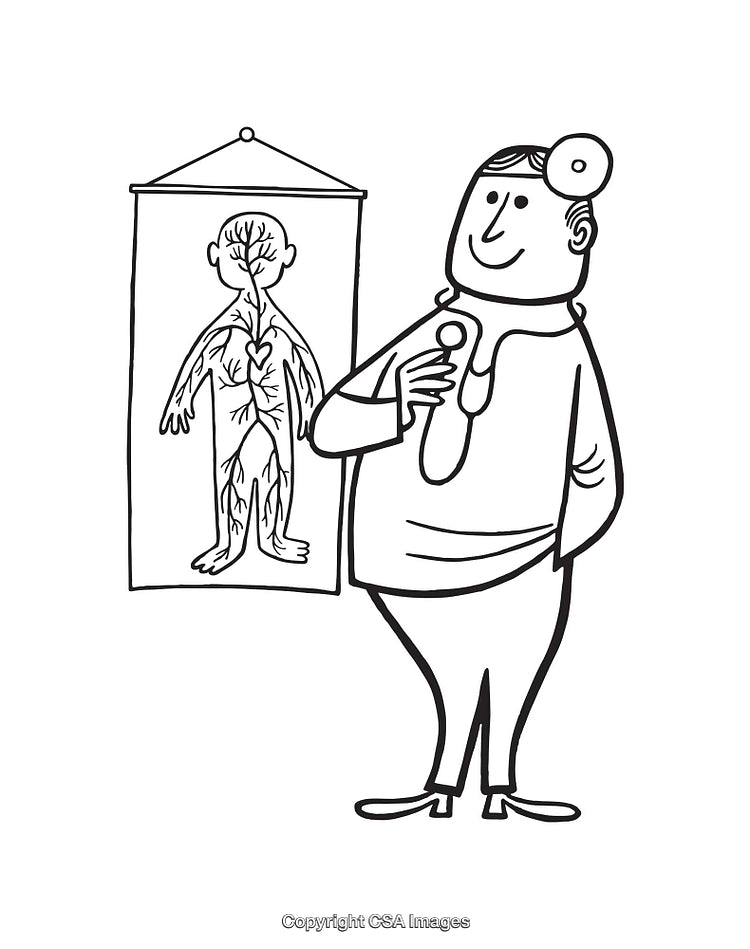 Black and White Line Art Illustration of a Doctor and Anatomical Chart