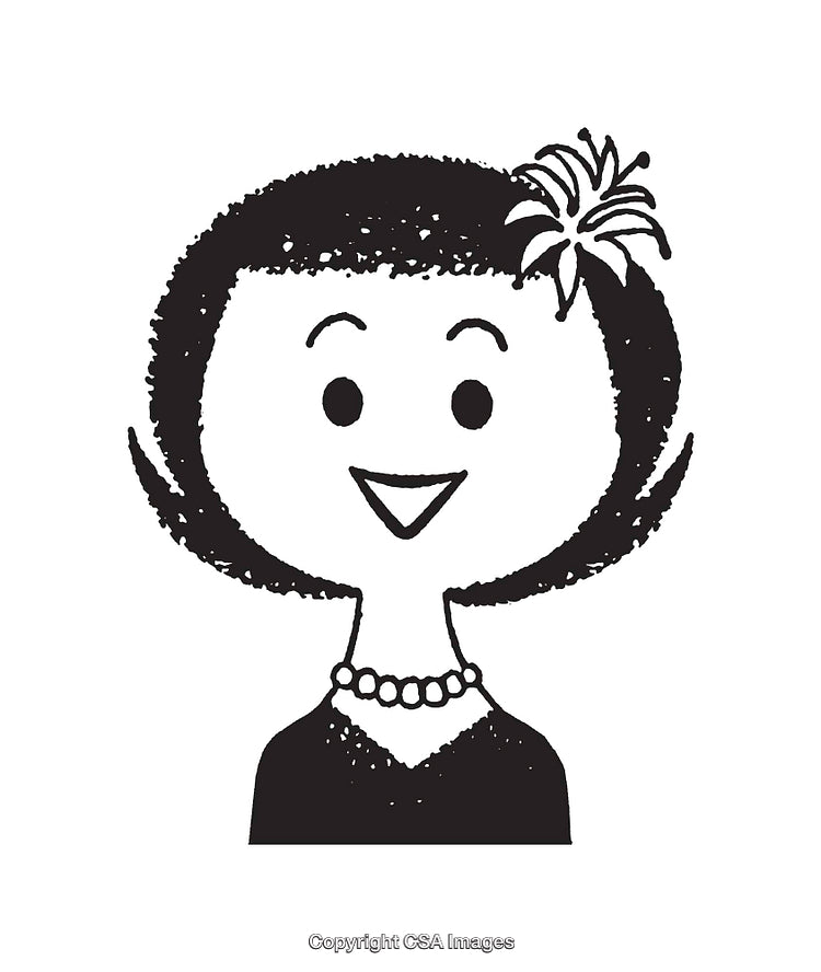 Black and White Line Art Illustration of Smiling Woman with Flower