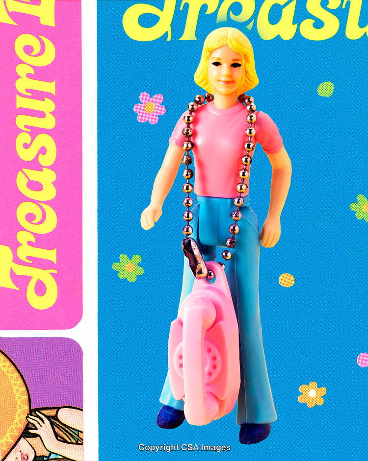 Colorful Retro Toy Figure with Accessories and Blue Background