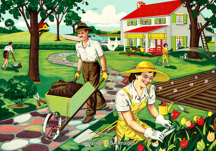 Happy Family Working Together in a Beautiful Garden in Springtime