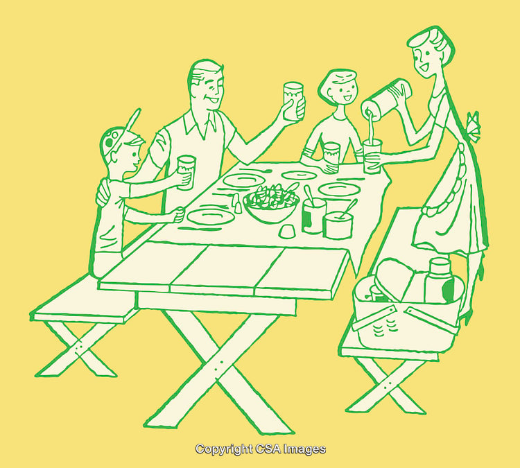 Vintage Picnic Scene with Family Sharing Drinks and Food Outdoors