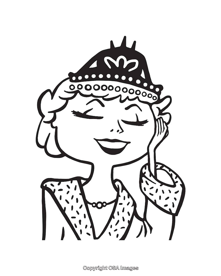 Queen Portrait in Black and White Line Art Style with Crown