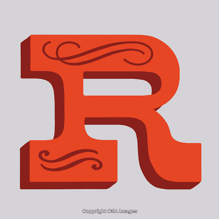 Elegant Red Letter R with Vintage Ornamental Swirls on a Light Gray Background