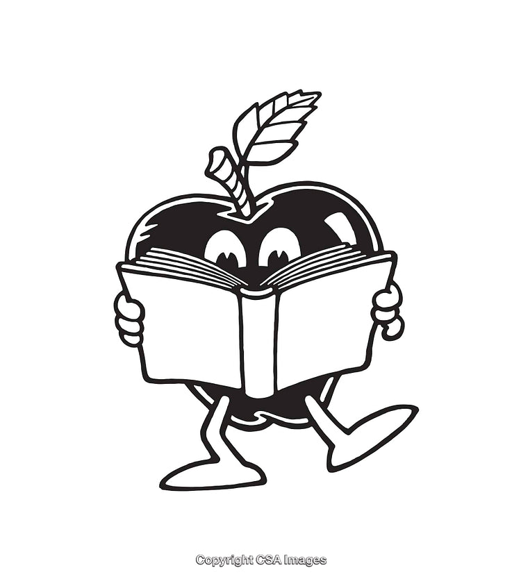 Smiling Apple Character Reading a Book in Black and White Line Art