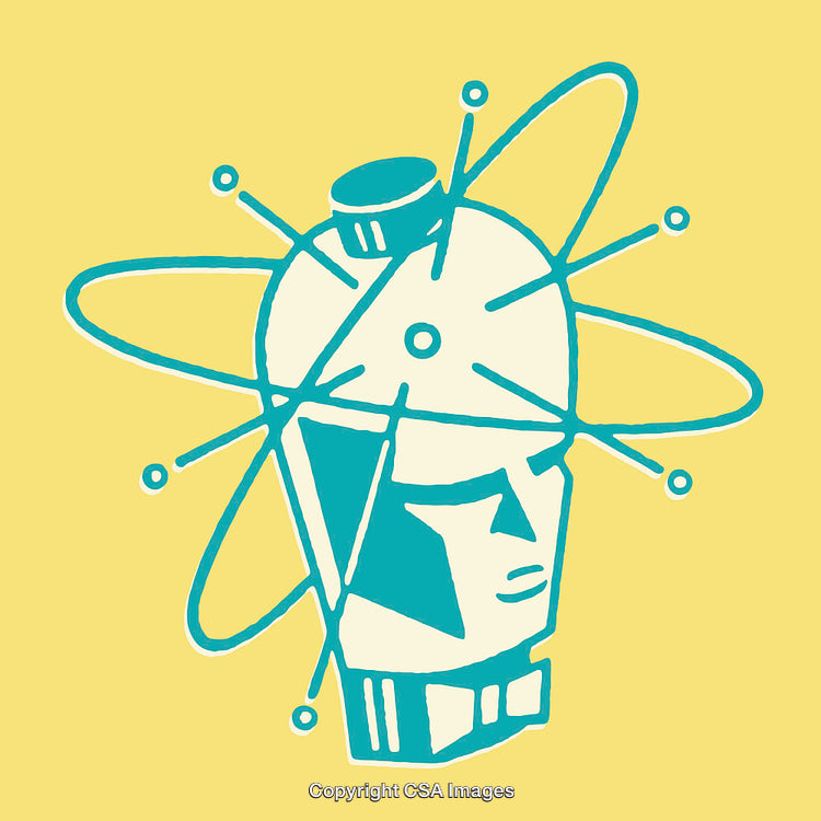 Colorful Abstract Illustration of Robot Head with Atomic Design Elements