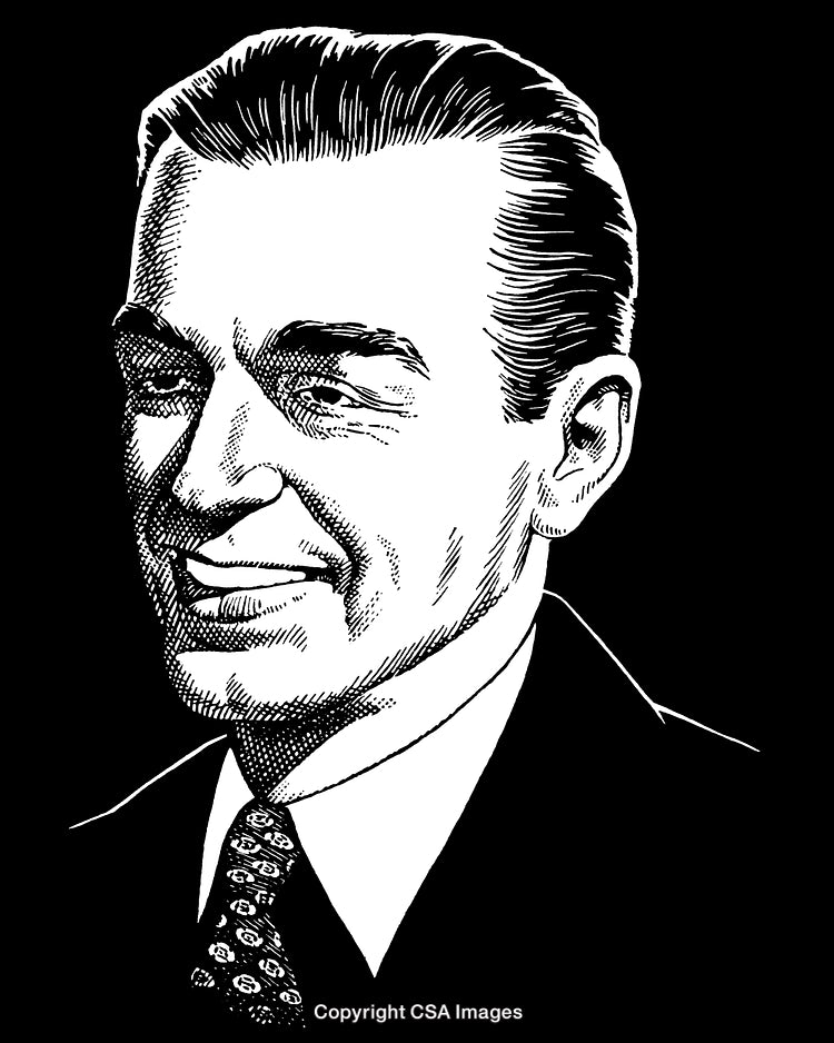 Vintage Black and White Engraving of a Smiling Businessman in a Suit