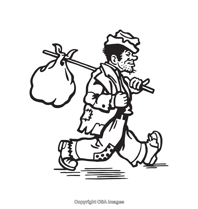 Black And White Line Art Illustration of a Walking Hobo Character