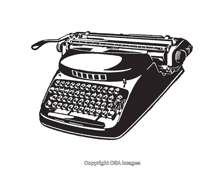 Black and White Vintage Typewriter Illustration on Clean White Background