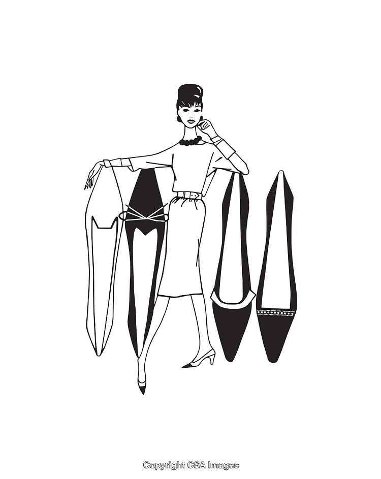 Elegant Woman With Stylish Shoes Illustrated in Black and White Line Art