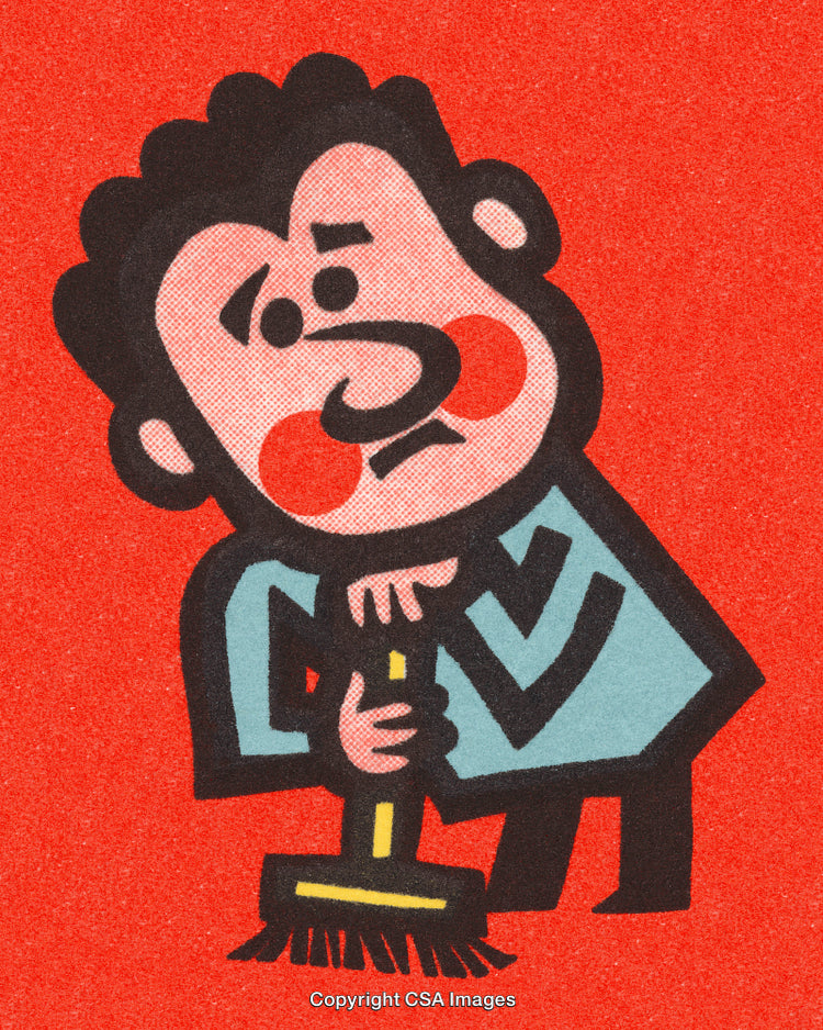 Cartoon Illustration of a Man Sweeping Against a Red Background