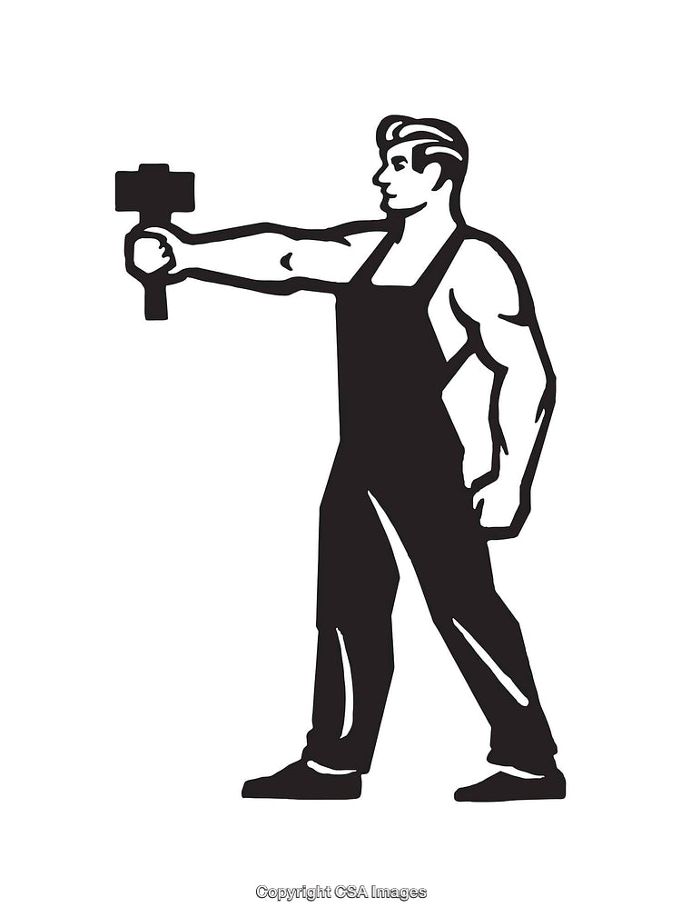 Black and White Line Art of Strong Worker Holding a Hammer