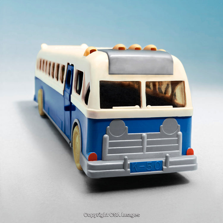 Vintage Plastic Toy Bus Model with Blue and Cream Color Design