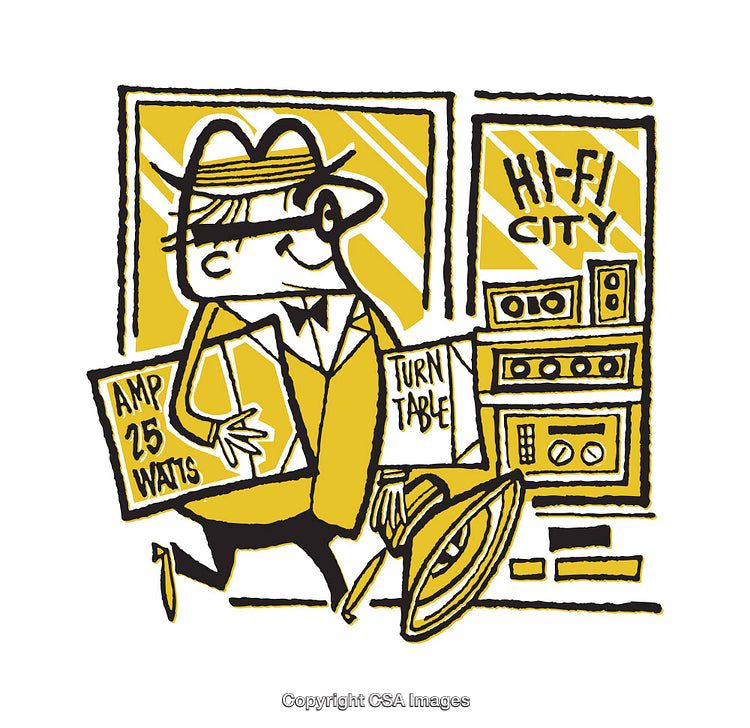Retro-Styled Illustration of a Shopper at a Hi-Fi Store
