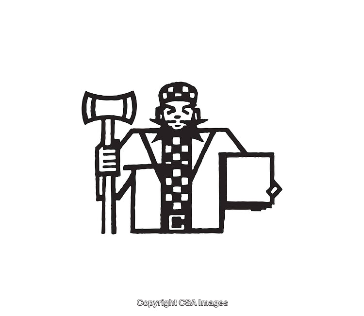 Minimalistic Black and White Illustration of a Person with Axe and Block