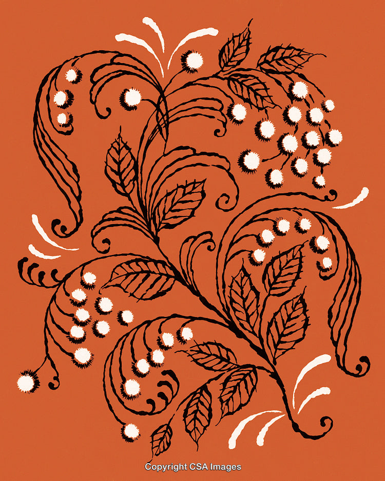Abstract Floral Pattern with Delicate Leaves and White Flowers on Terracotta Background