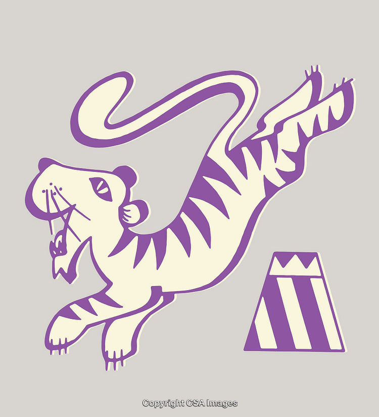 Playful Tiger Illustration Featuring Circus Theme and Geometric Elements in Purple Shades