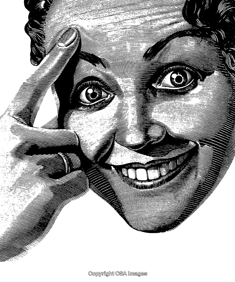Engraved Black and White Illustration of Smiling Woman with Expressive Gesture
