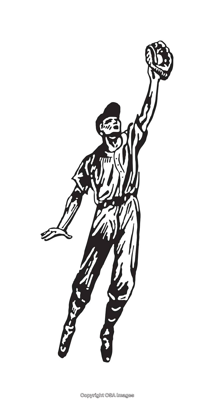 Black And White Drawing of Baseball Player Catching a Ball Mid-Air