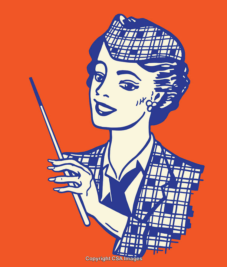Vintage Styled Illustration of Teacher in Formal Attire with Pointer Stick