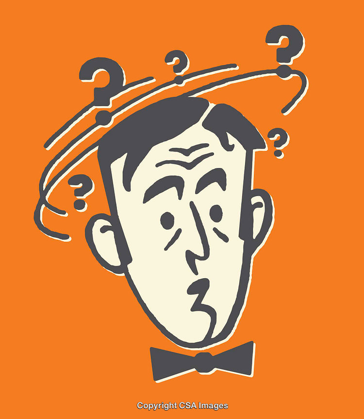 Confused Man Cartoon Illustration with Question Marks on Orange Background