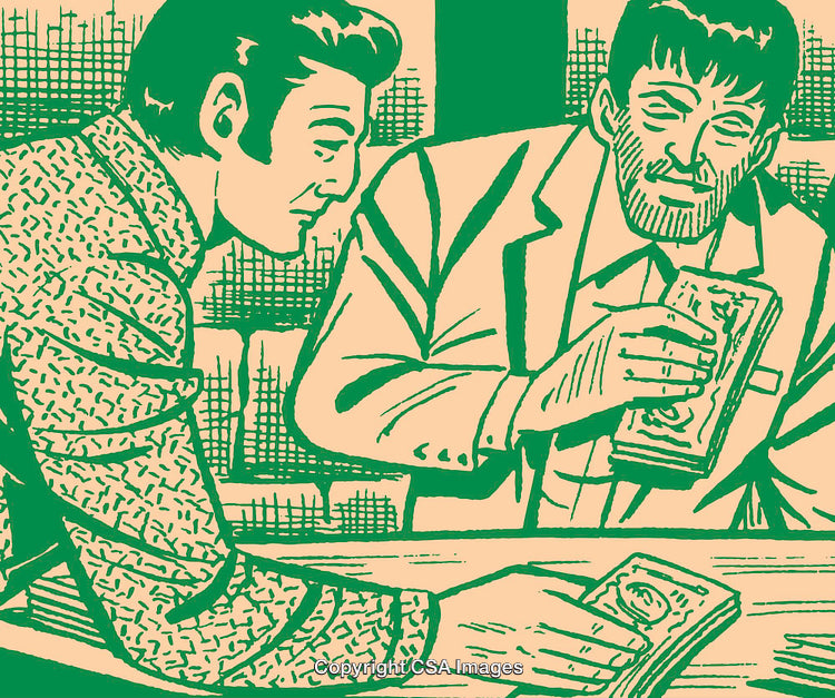 Vintage Illustration of Two Men Exchanging Money in Retro Style