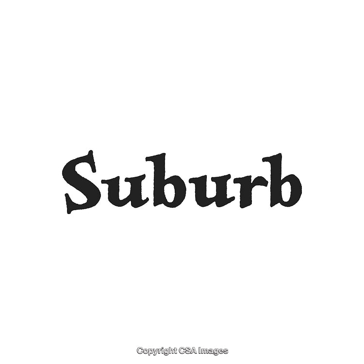 Grungy Black Font with the Word Suburb Printed on White Background