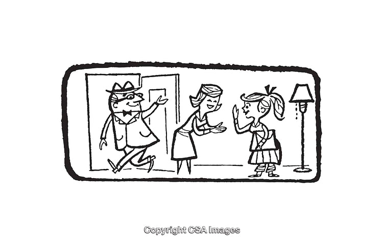 Black and White Line Art of Family Greeted by Cheerful Child