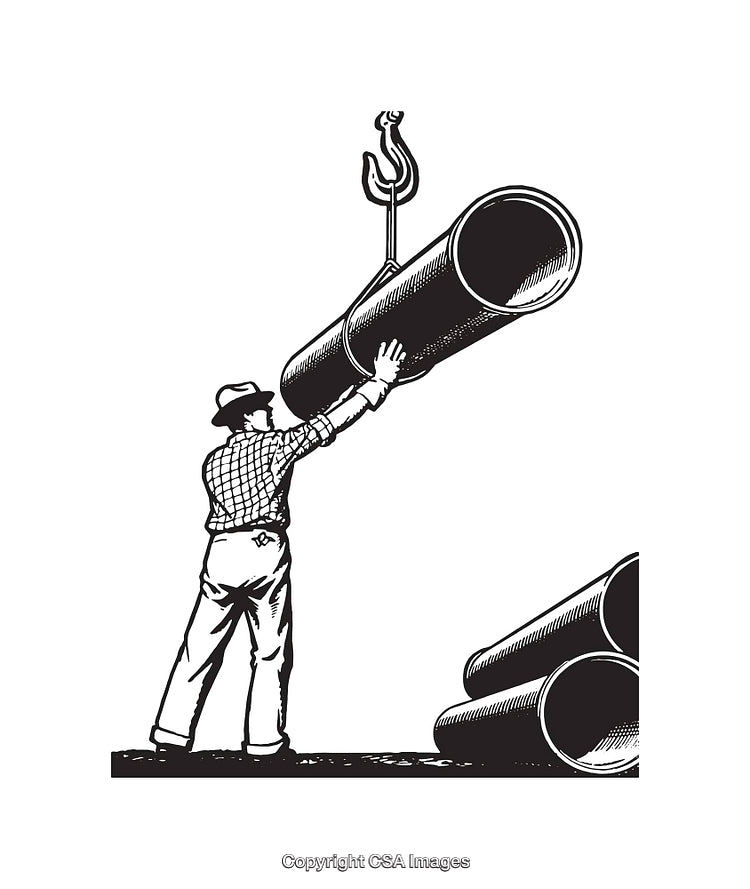 Worker Guiding Large Pipe with Crane in Black and White Line Art
