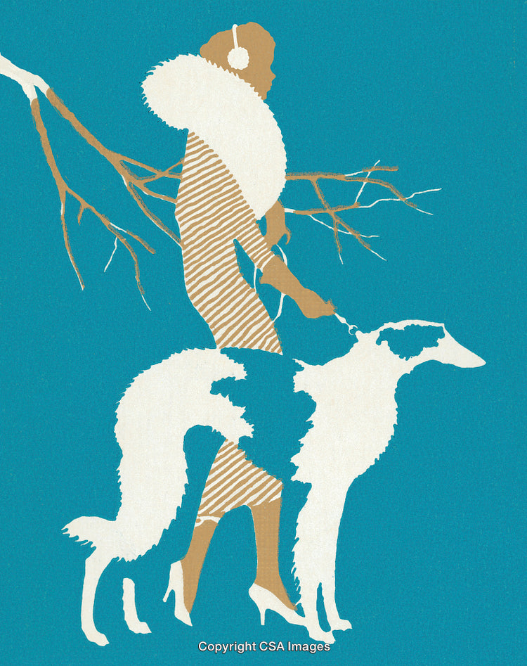 Elegant Woman Walking Dog in Stylish Winter Fashion Silhouette Art