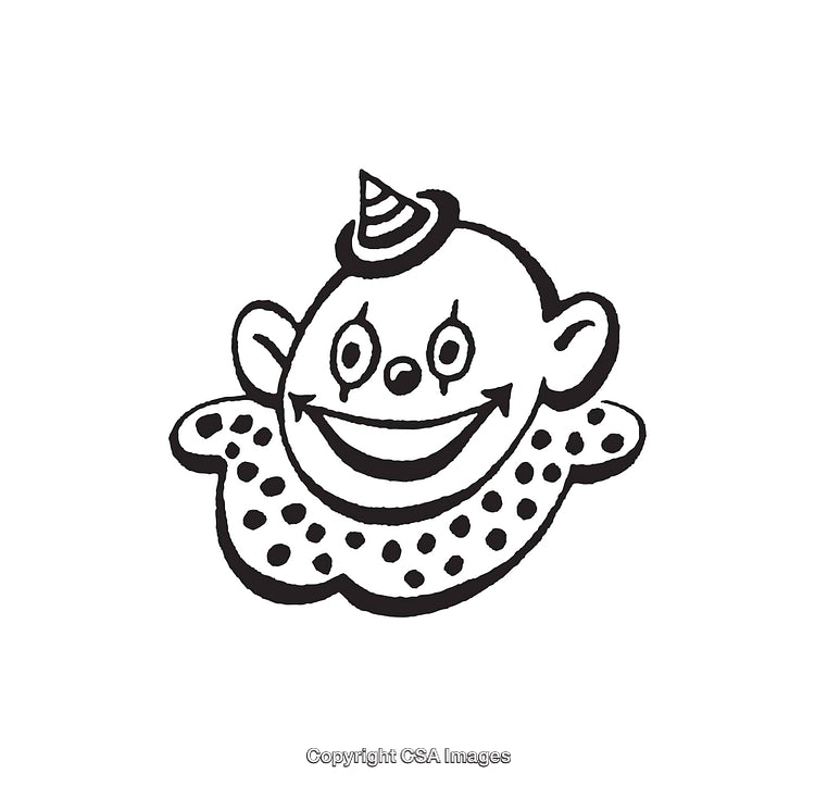 Black and White Line Art of a Happy Circus Clown Face