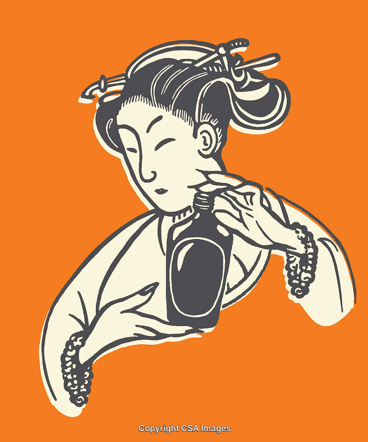 Traditional Japanese Line Art of Woman Holding a Bottle on Orange Background