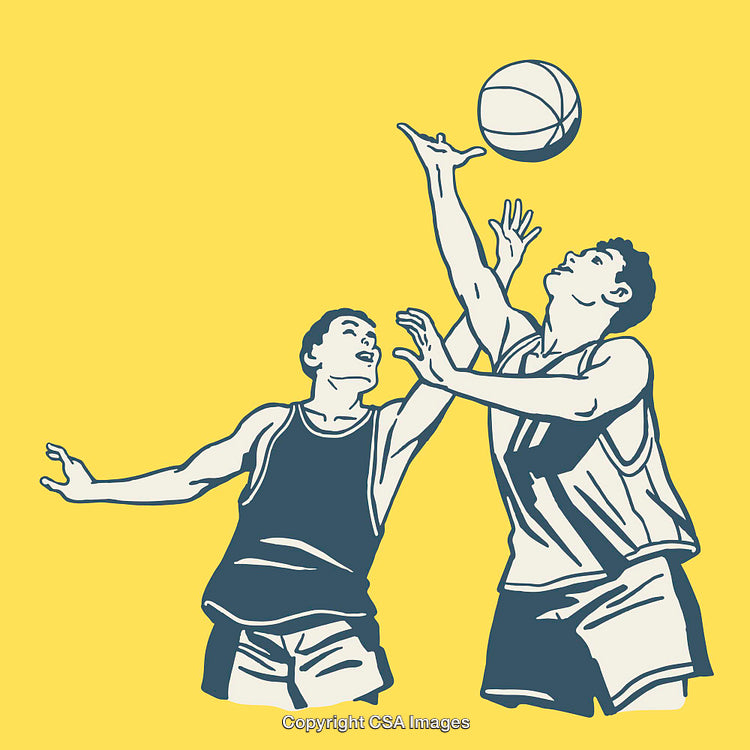 Illustration of Two Basketball Players in Action on a Yellow Background