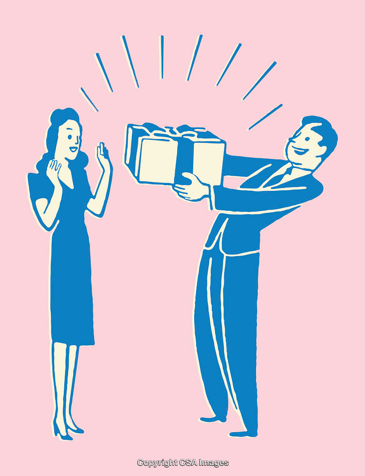 Retro Styled Illustration of a Gift Exchange Between a Man and Woman