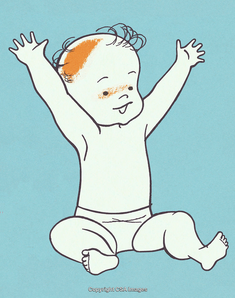 Illustrated Happy Baby Sitting and Reaching Up on Blue Background
