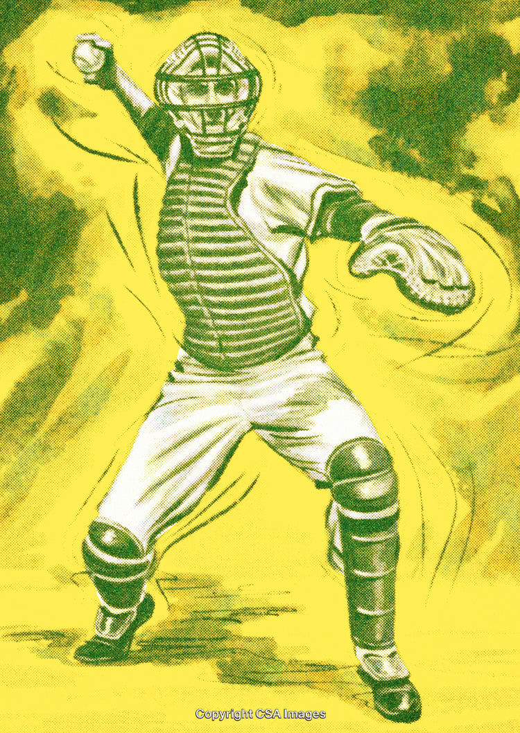 Vintage Baseball Catcher Illustration in Action Throwing the Ball
