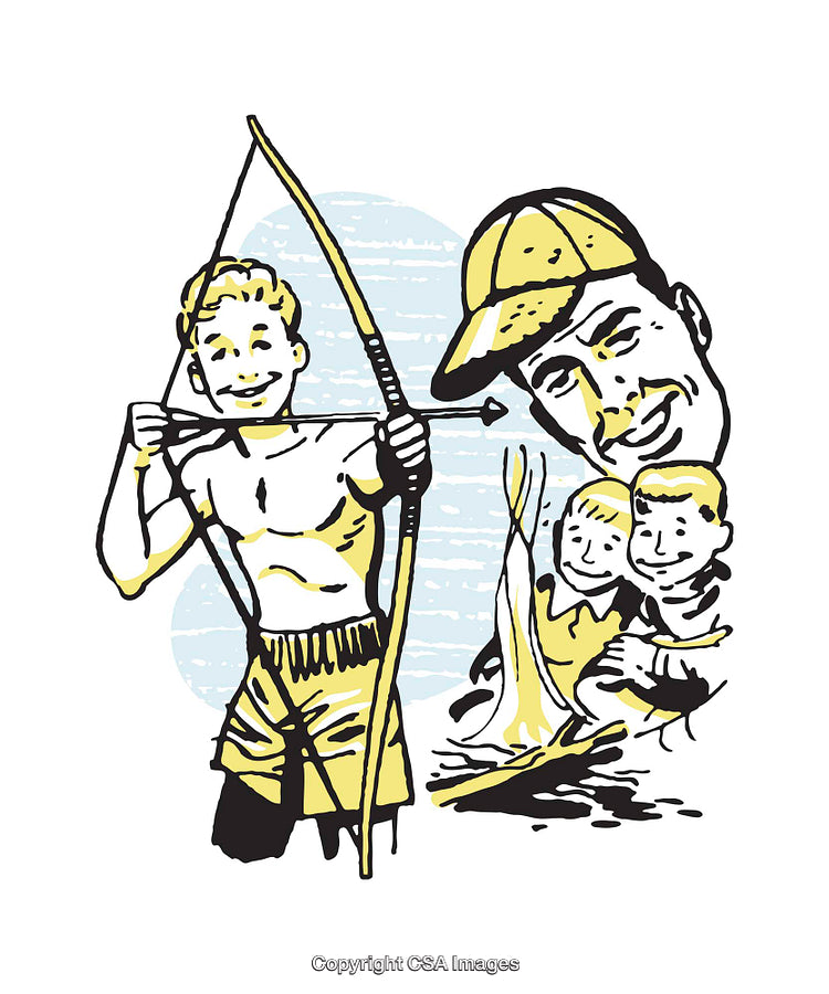 Color Illustration of a Boy Practicing Archery and Family Bonding Outdoors