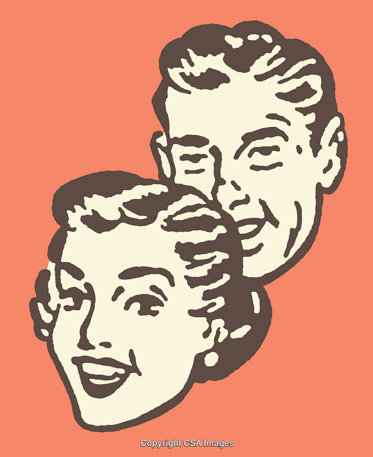 Retro Vintage Line Art Couple Illustration of Smiling Characters