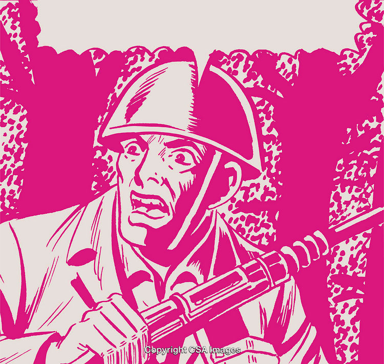 Vintage Illustrated Soldier Holding Rifle With Intense Expression