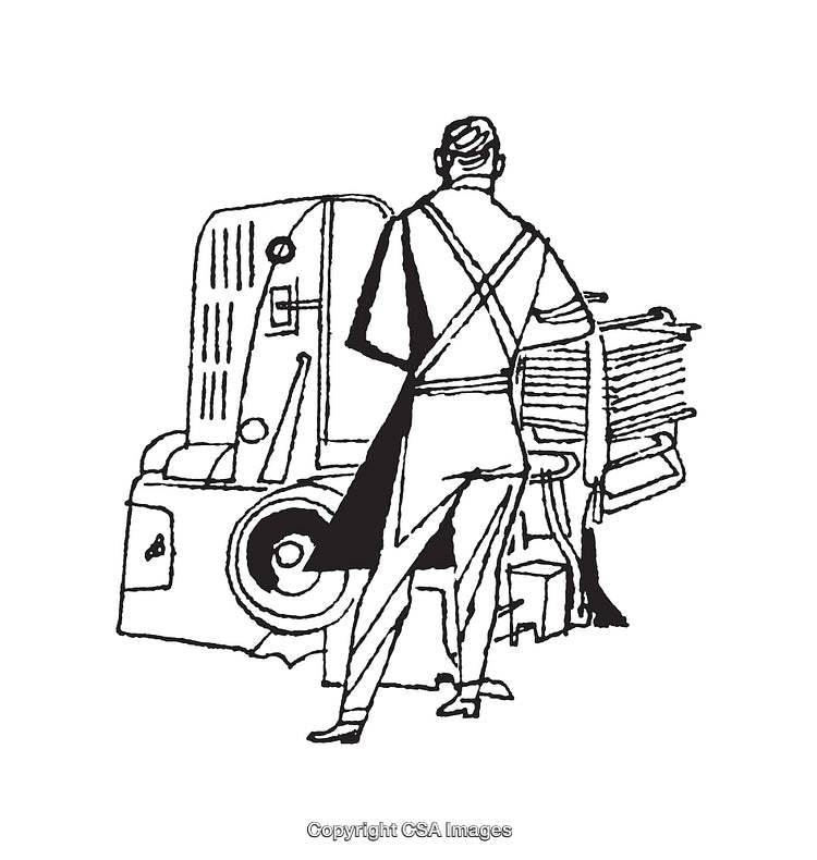 Worker Operating Machinery in Industrial Setting Black and White Illustration